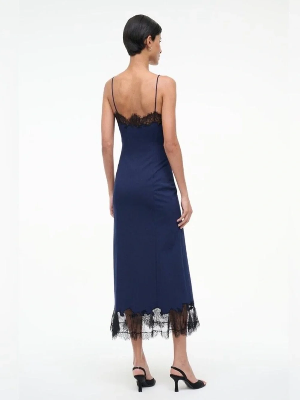 Staud Nadia Lace Trim Midi Dress in Navy S